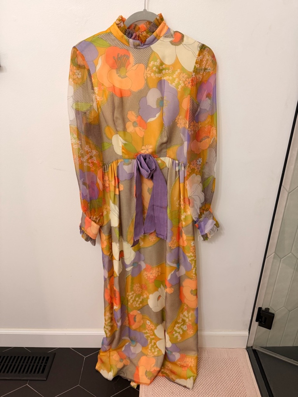 Vintage Lisa Meril Floral Long Sleeve Maxi Dress in Yellow & Purple